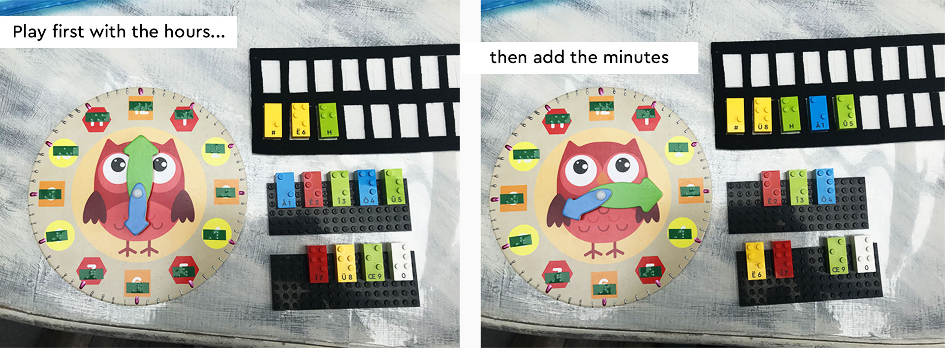 A clock with hours tags in braille and a grid with LEGO Braille Bricks to write the time. Play with the hours to begin. Then add the minutes.