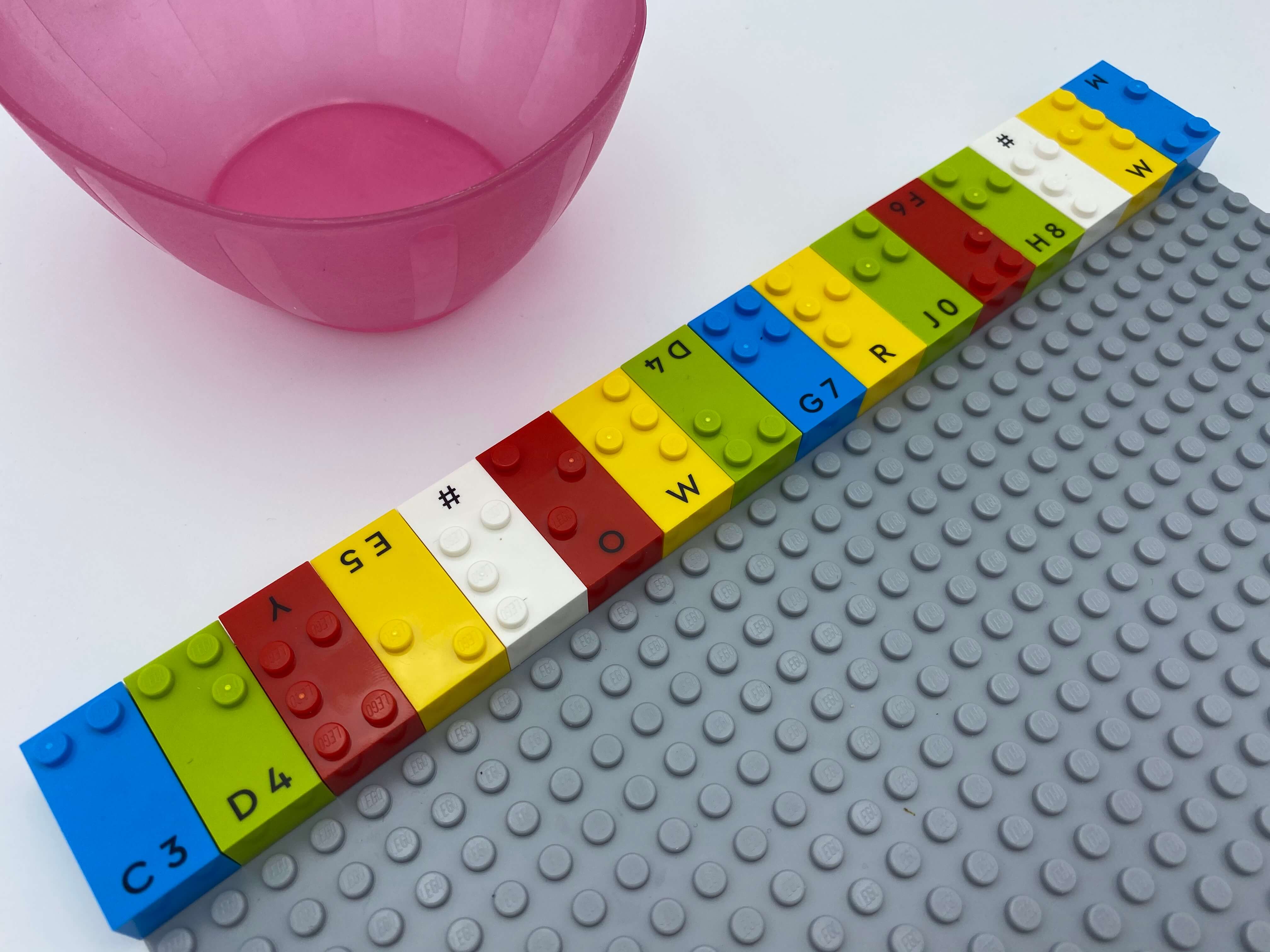 A full horizontal row of 16 vertical bricks, an empty bowl.