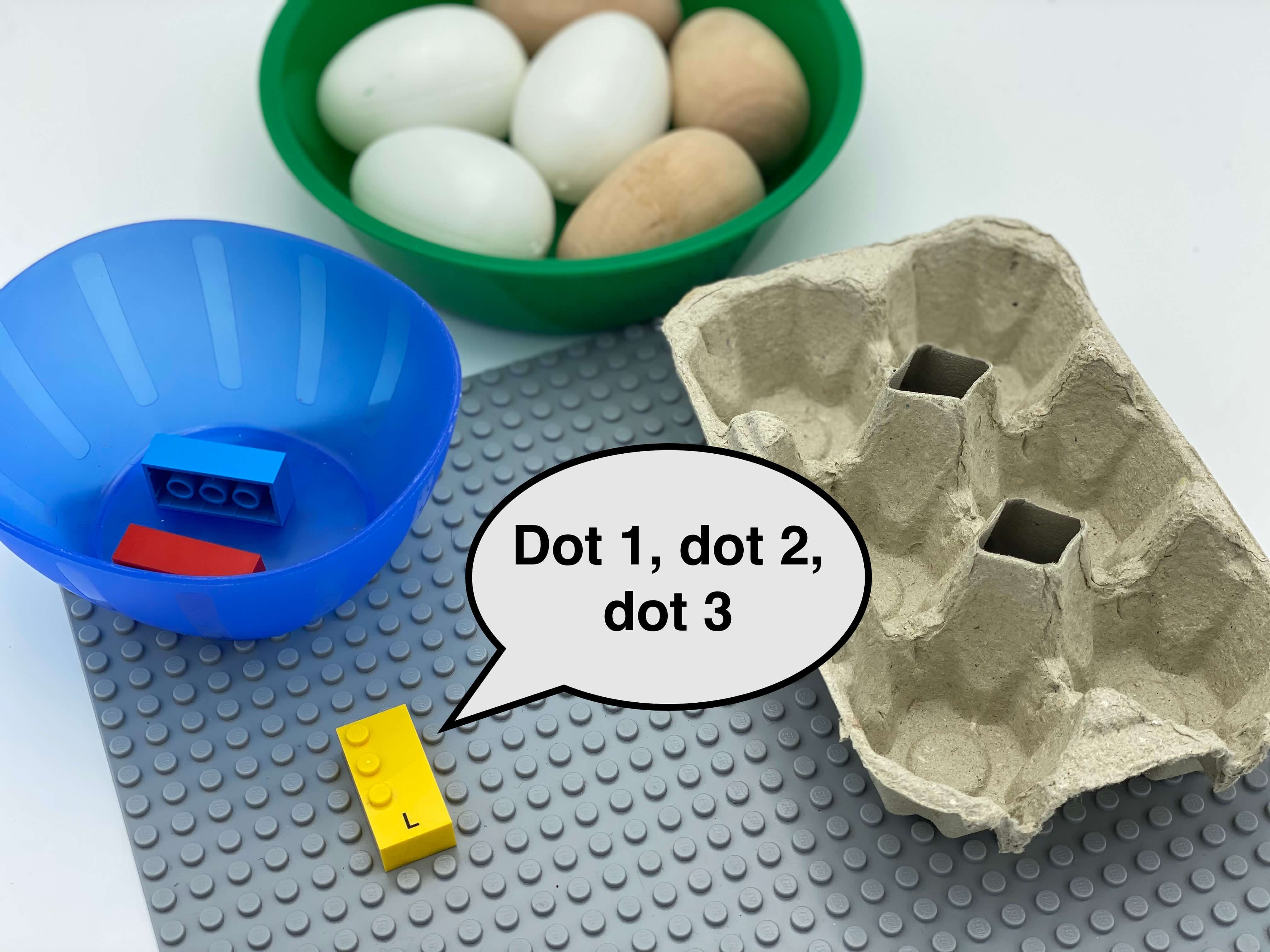 Letter brick l on the base plate which says "dot 1, dot 2, dot 3", a bowl with bricks, a bowl with eggs, an empty egg carton.