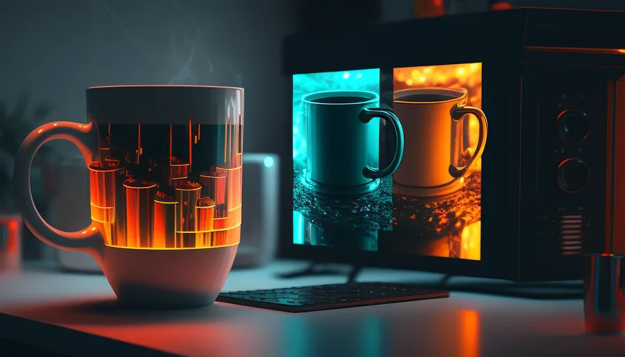  Two screens with a coffee mug no text or words futuristic a7e644a2-c617-4ef5-8a8a-7f033d719947