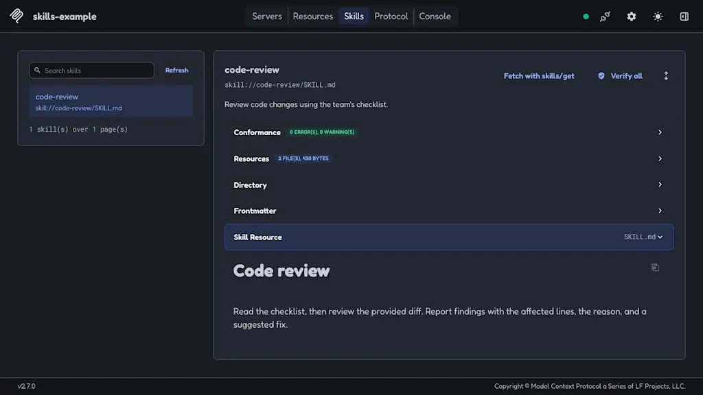 The Skills tab with code-review selected and the Code review instructions displayed under Skill Resource