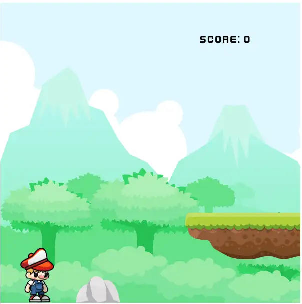 ゲーム画面のスクリーンショット。緑の木や山の背景、左に赤い帽子の男の子、すぐ右隣に岩が、画面右端に見切れる形で台座が描画されている