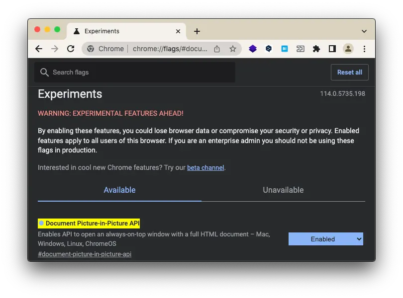 Google Chrome の設定画面 Document-Picture-in-Picture が Enabled になっている