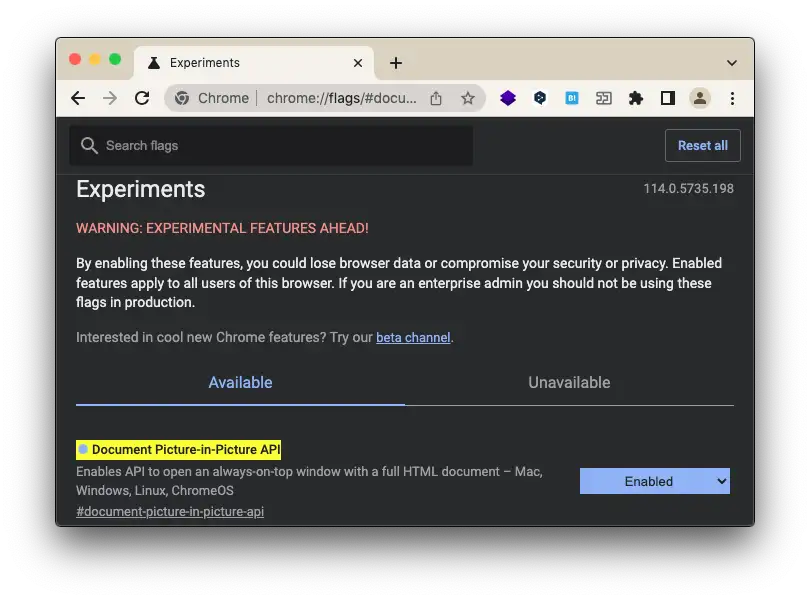 Google Chrome の設定画面 Document-Picuture-in-Picture が Enabled になっている