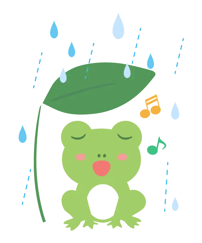 雨の中歌っているかわいいカエルのイラスト
