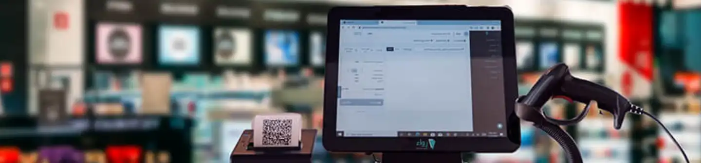 A Rewaa point-of-sale system displayed on a counter, featuring a touchscreen, receipt printer, and barcode scanner in a retail store.