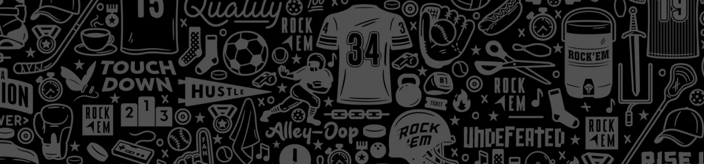 Pattern of sports icons and Rock Em Socks branding used as a header background.