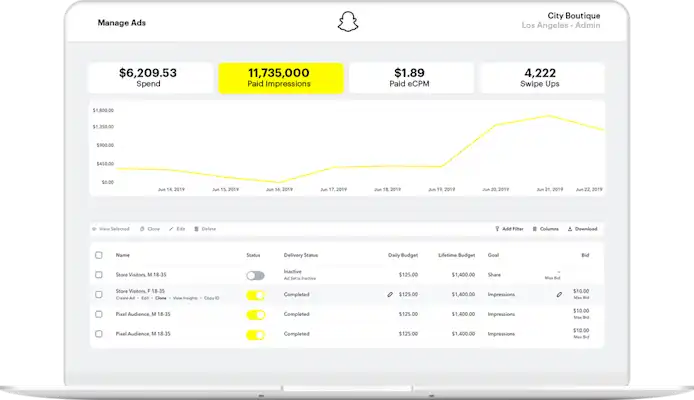 Capture d'écran d'un rapport de publicité Snapchat