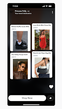 Princess Polly Snapchat ad showcasing dynamic fashion products including dresses, bags, and accessories.