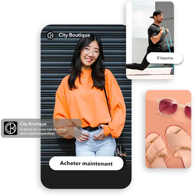 Publicites Snapchat sur mobile presentant des produits de boutique avec actions d achat pour toucher une nouvelle audience.