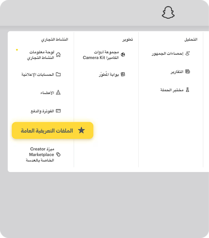 قائمة ادز مانجر وهي تبرز خيار بروفايل سناب شات ضمن ادوات النشاط.