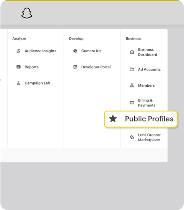 Ads Manager navigation highlighting the snapchat public profile option in the business tools menu.