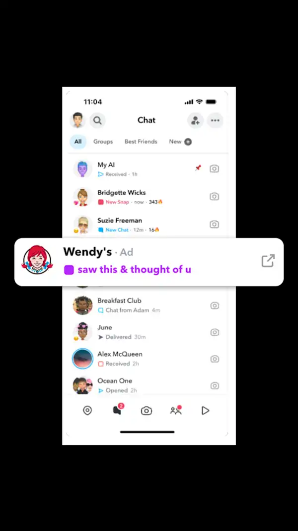 Screenshot of Snap message from Wendys that reads 'saw this and thought of you'