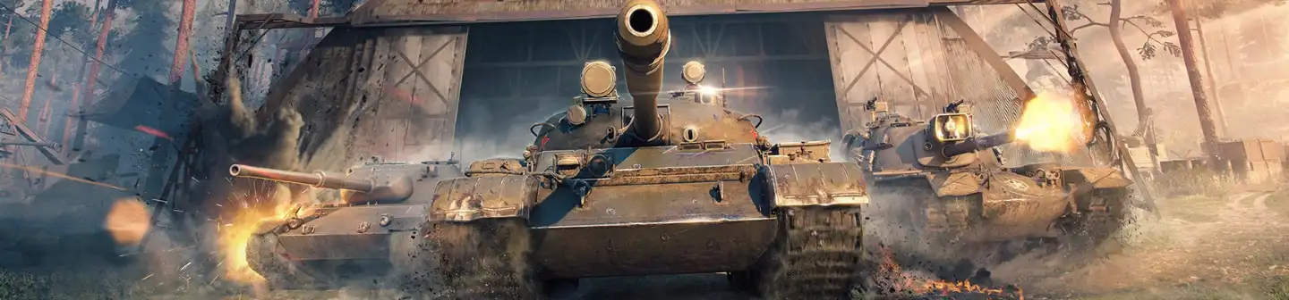 Two tanks burst from a hangar amid explosions and gunfire in a dramatic World of Tanks battle scene by Wargaming.