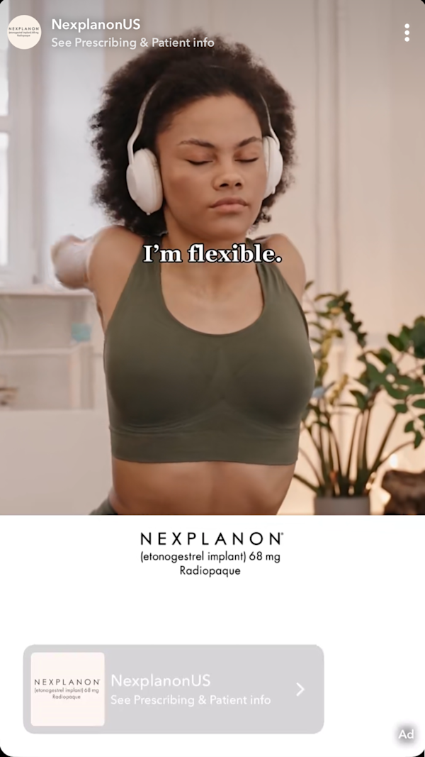 Snap Ad featuring a young woman wearing headphones and yoga clothes, stretching her arms behind her back. Text reads, “I’m flexible.”
