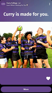 Still from a Snapchat ad showing Curry College rugby players celebrating on a field with the slogan 'Curry is made for you.'