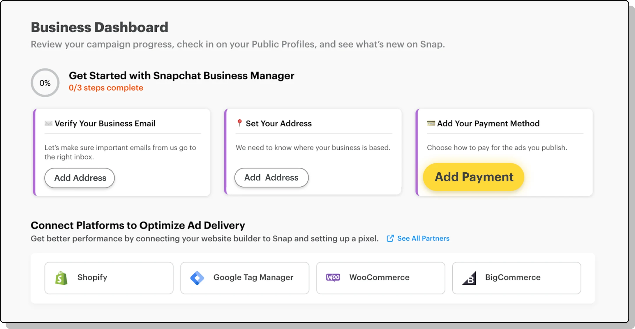 Screenshot of 'Add Payment' yellow button highlighted on the Business Dashboard