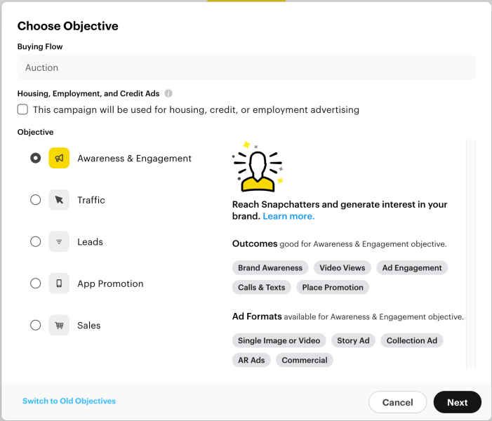 Snapchat Ads Platform - How to choose objective, buying flow, outcomes, and ad formats