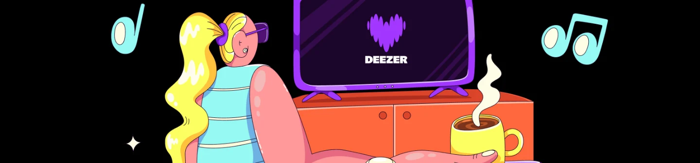 Illustration of a woman lounging with coffee, listening to music with Deezer on her living room TV, surrounded by floating music notes.