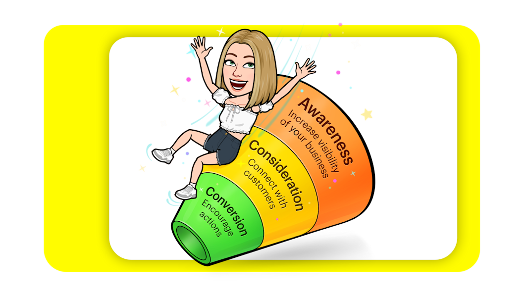 Bitmoji character sliding down a marketing funnel graphic reading "Awareness Increase visibility of your business. Consideration Connect with Customers. Conversion Encourage actions"