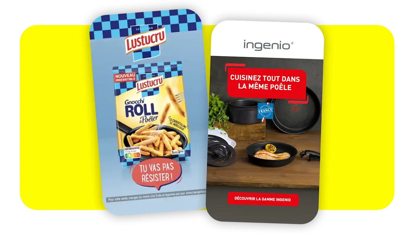 Publicités pour les gnocchis Roll de Lustucru « Tu ne vas pas résister » et pour les poêles Ingenio « Cuisinez tout dans la même poêle »
