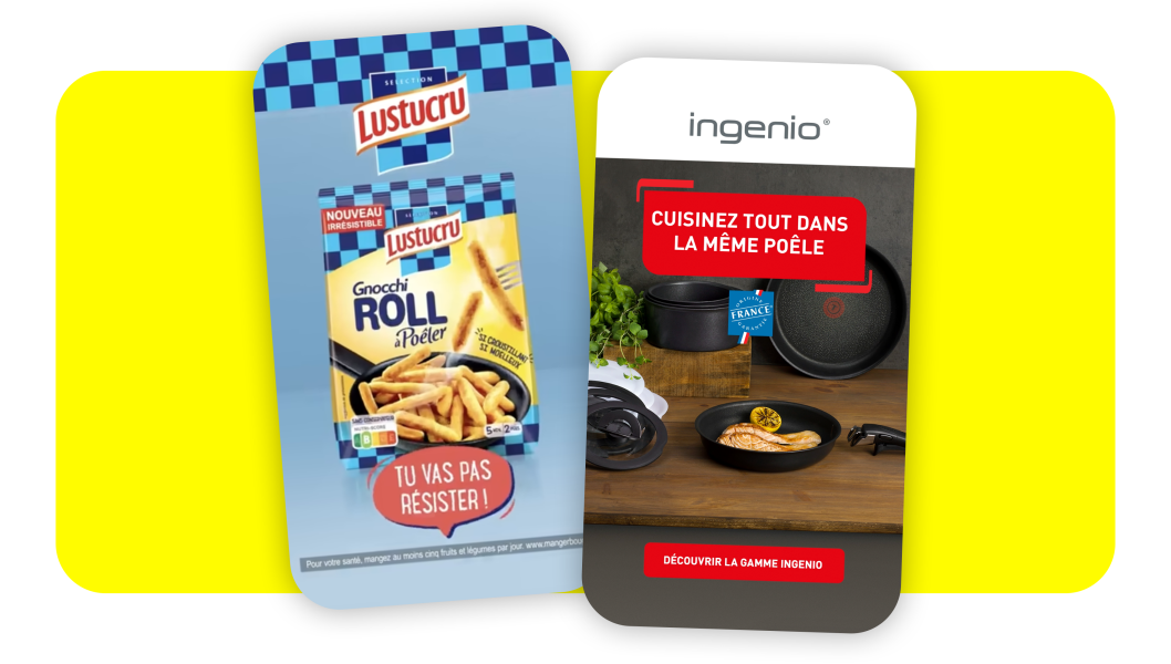 Publicités pour les gnocchis Roll de Lustucru « Tu ne vas pas résister » et pour les poêles Ingenio « Cuisinez tout dans la même poêle »