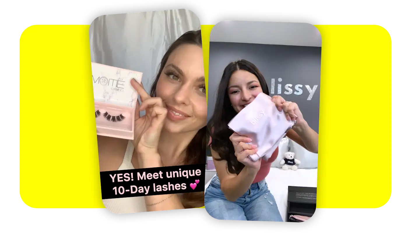 Two female customers smiling - one holding up eyelashes she just received, the other her Blissy pillowcase