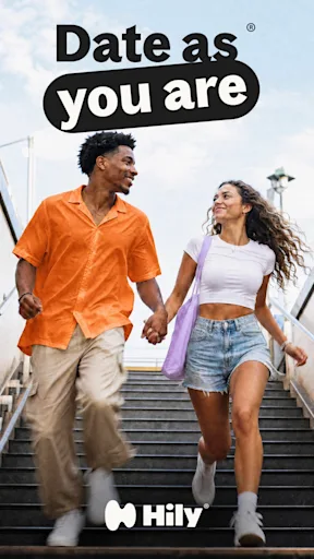 Hily “Date as you are” ad showing two people holding hands as they walk down steps.
