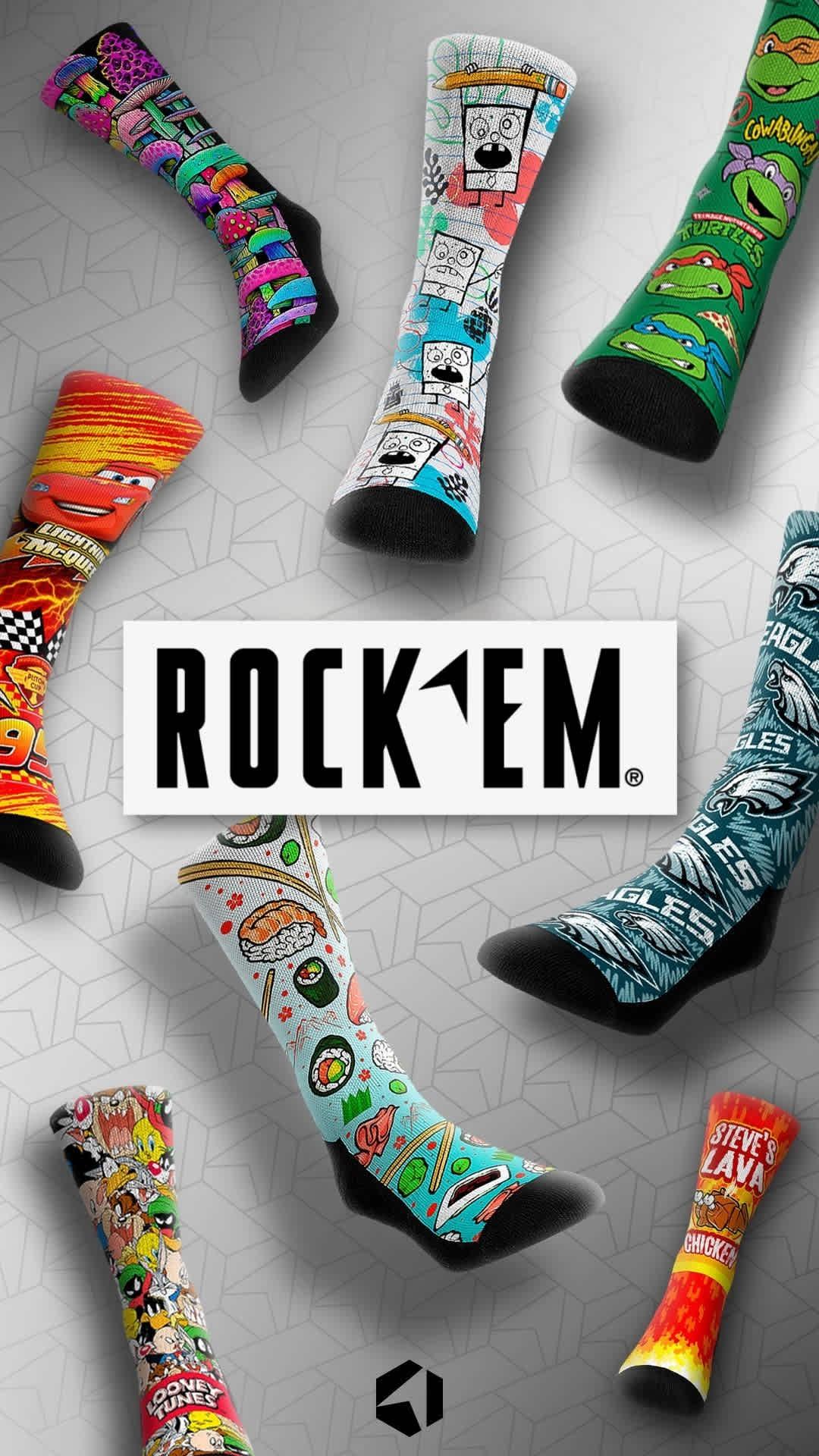 Colorful character and sports-themed socks with Rock Em logo displayed in the center on a geometric gray background.