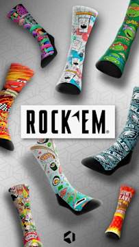 Colorful character and sports-themed socks with Rock Em logo displayed in the center on a geometric gray background.