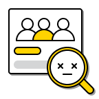 Icon of a dead face emoji on a magnifying glass in front of a dialog box with 3 outlined people