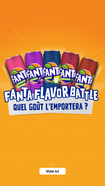 Publicité pour Fanta avec cinq canettes Fanta de différentes couleurs et le slogan « Fanta Flavor Battle - Quel goût l'emportera ? »