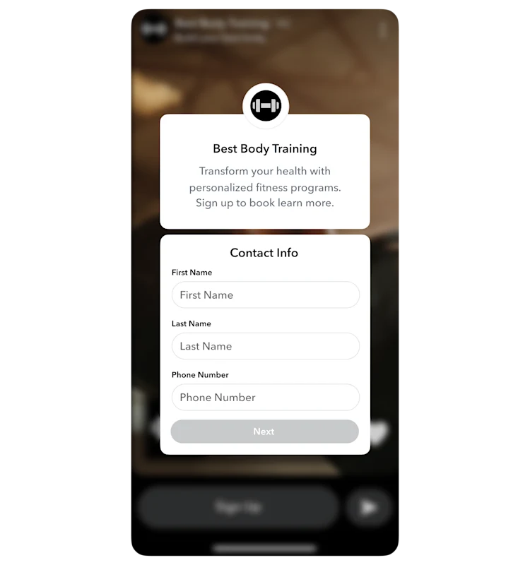 Example of Snapchat ads intake form in use by Best Body Training
