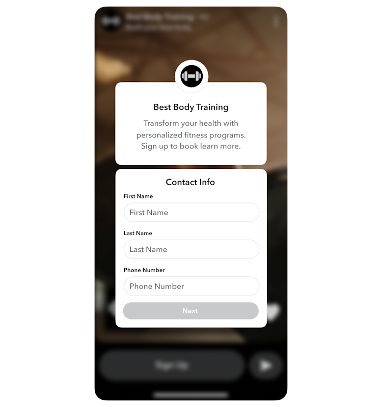 Example of Snapchat ads intake form in use by Best Body Training