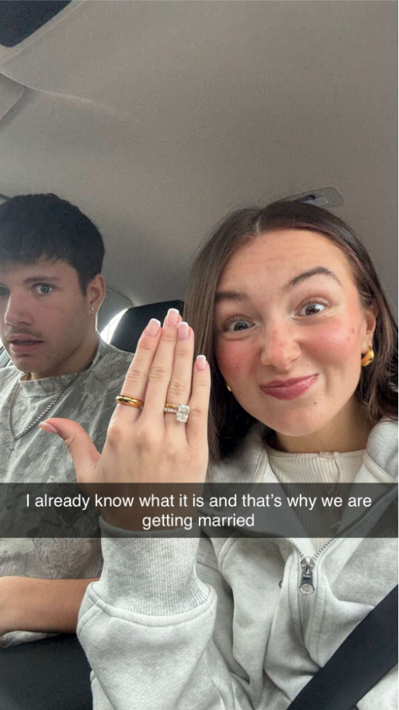 Gen Z woman shows engagement ring in car while partner reacts supporting discussion of early marriage and financial decisions.