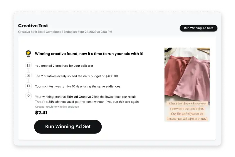 Snapchat Campaign Lab split test dashboard showing winning ad creative and performance results across audiences and placements.