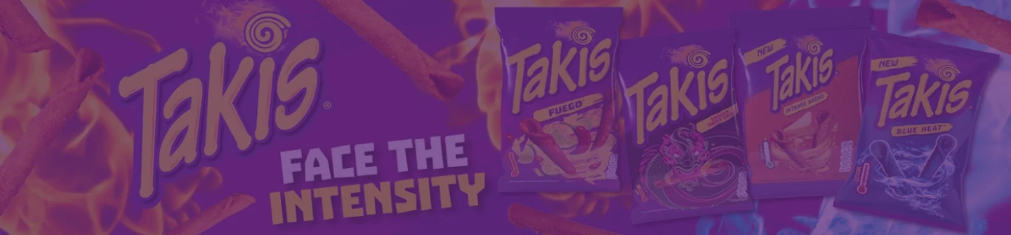 Takis banner with bright flames behind four varieties of Takis snacks. Bold text reads, “Face the Intensity.”