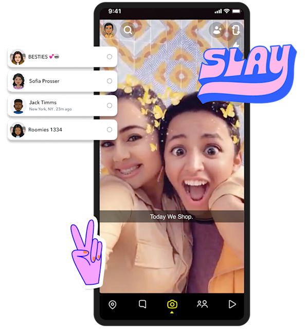 2 girls using a Snapchat filter that says "Today We Shop" 