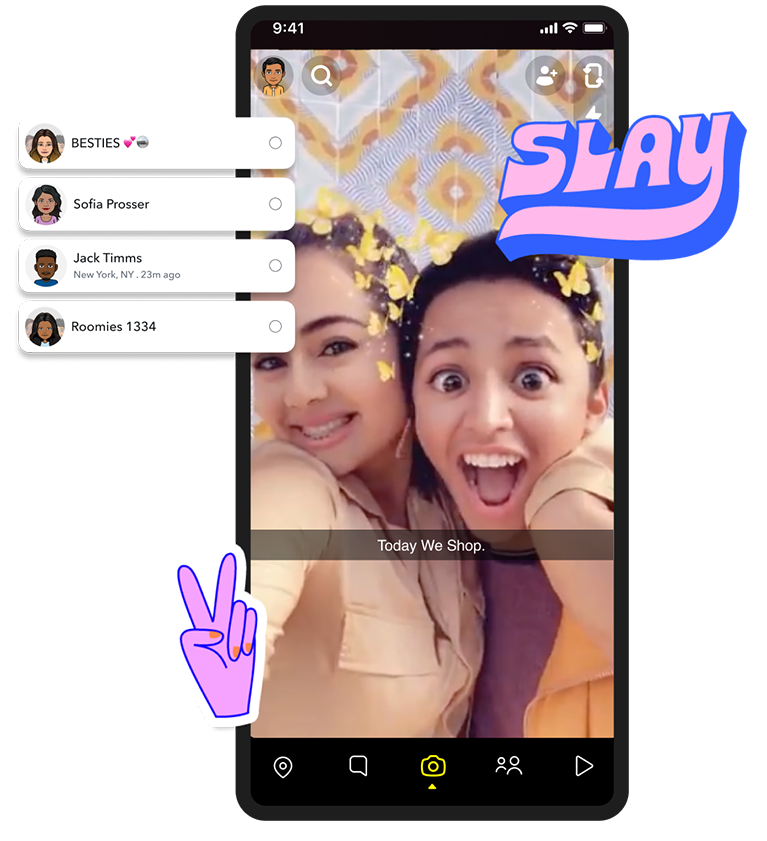 2 girls using a Snapchat filter that says "Today We Shop" 
