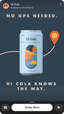 Hi Cola Snapchat Ad showing one of its bottled drinks with the tag "No GPS needed. Hi Cola knows the way."