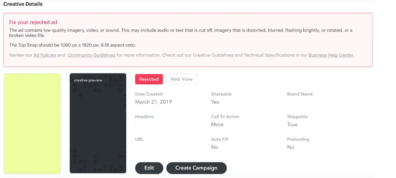 Fix your rejected ad' widget in Snapchat Ads Manager