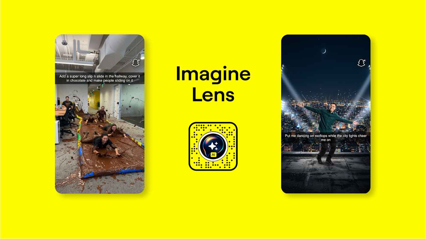 Two Imagine Lens examples showing AI generated scenes highlighting how Snap simplifies creative production.