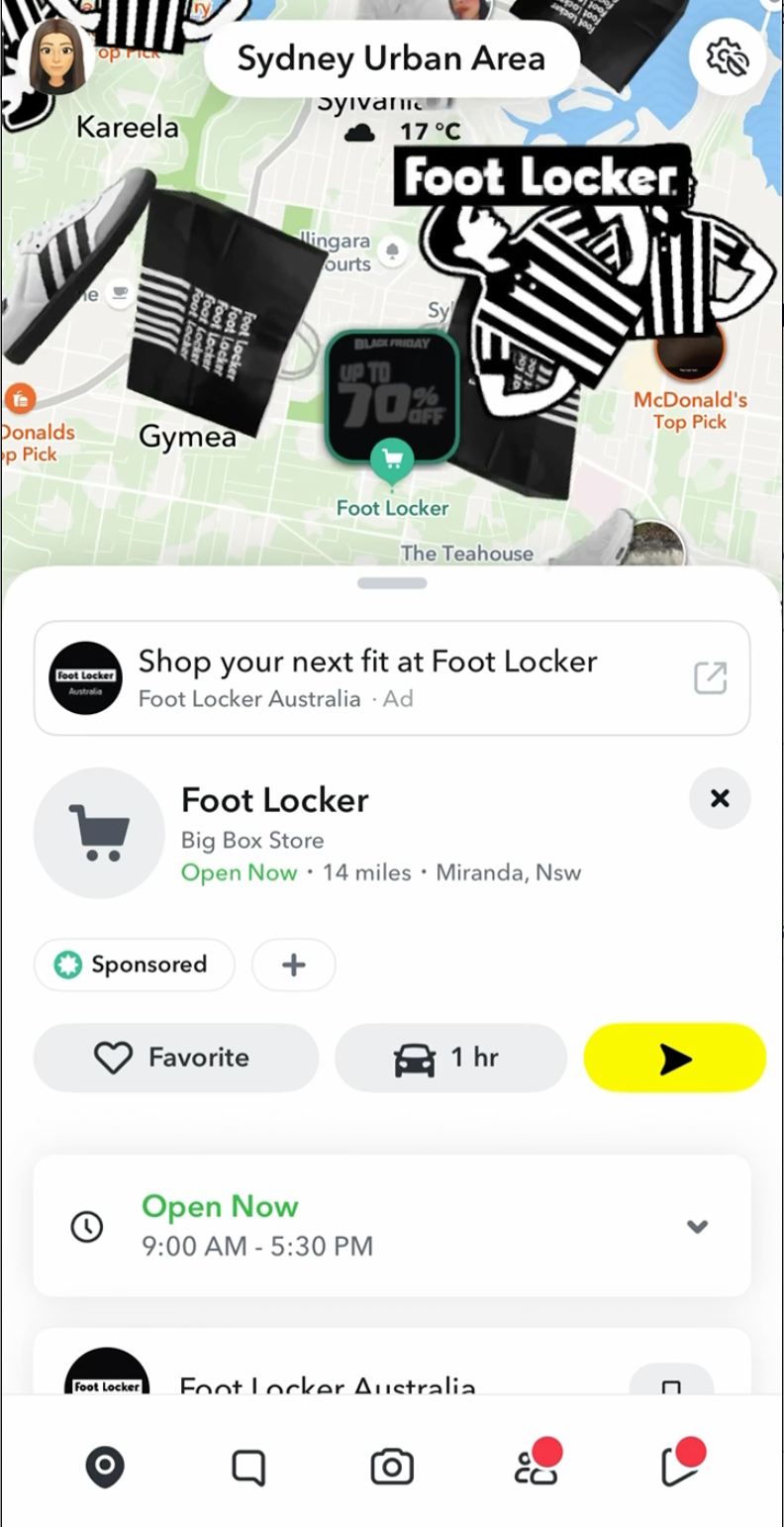Foot Locker became the first retailer in Australia to activate Promoted Places on Snap Maps, reaching 4M Australians and driving 650K map interactions.