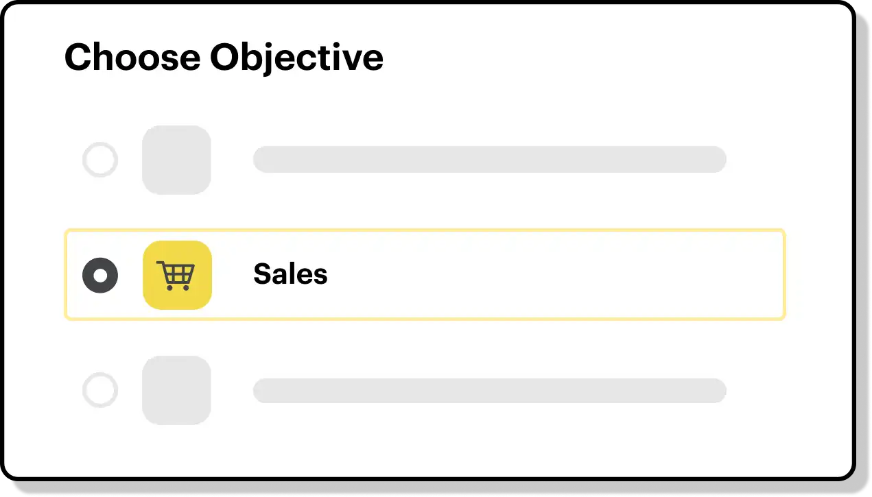Snapchat Ad UI showing objective selection, with 'Sales' highlighted.