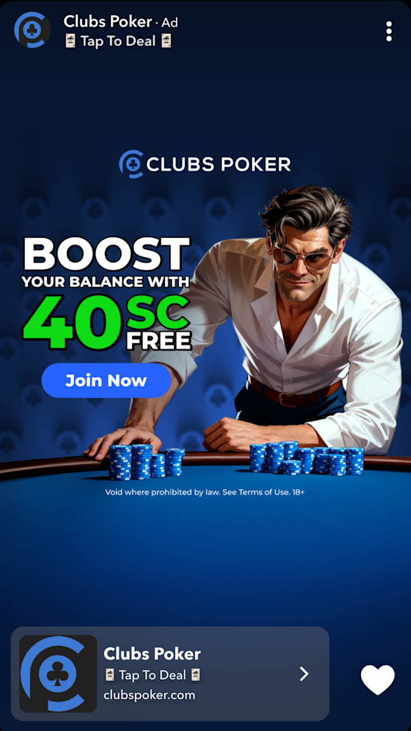 Clubs Poker Snapchat ad showing a player stacking chips with a call to boost balance using free SC.