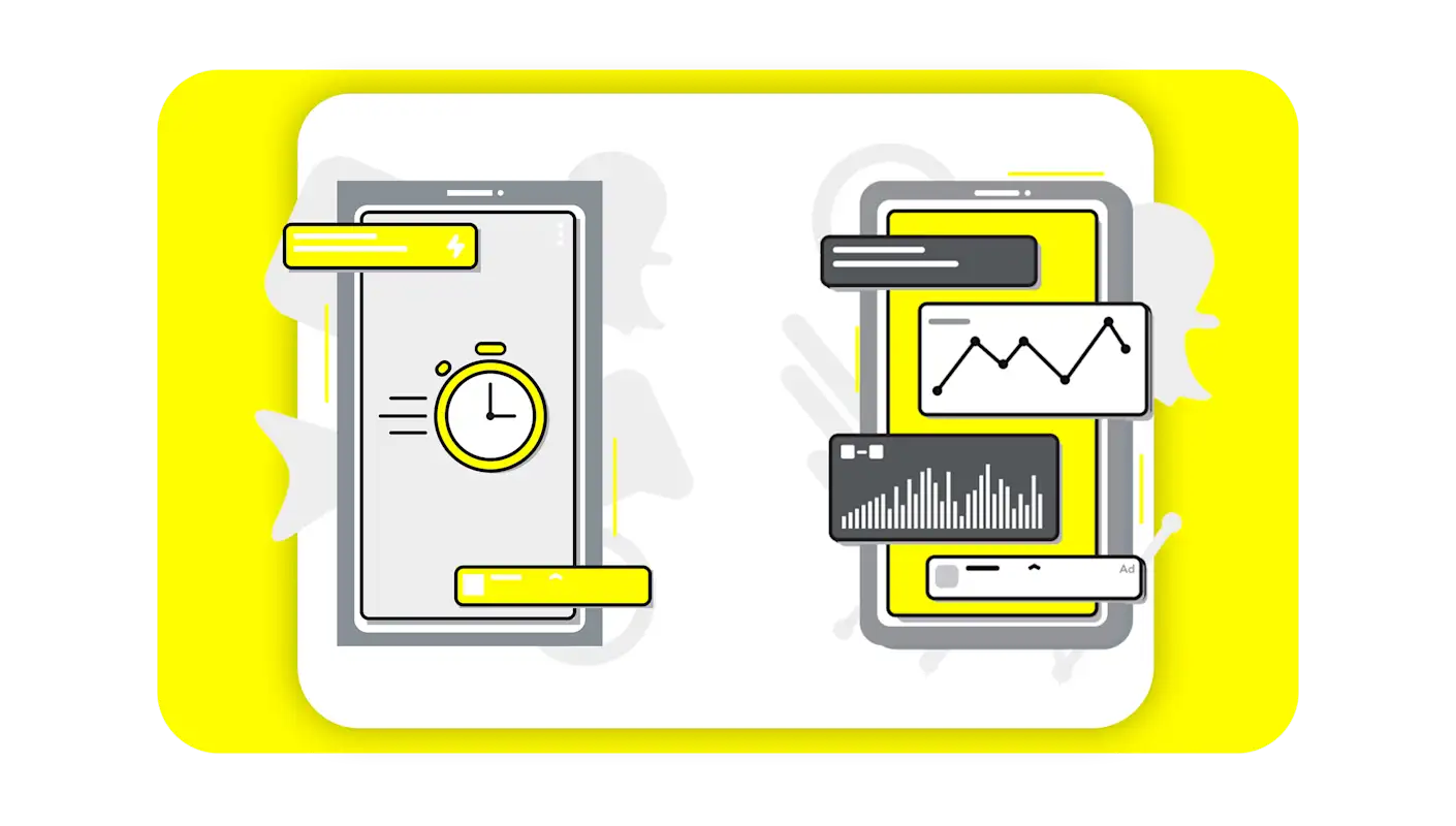 Icons of a stop watch on a cell phone and graphs on a different cell phone