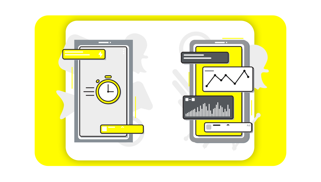 Icons of a stop watch on a cell phone and graphs on a different cell phone