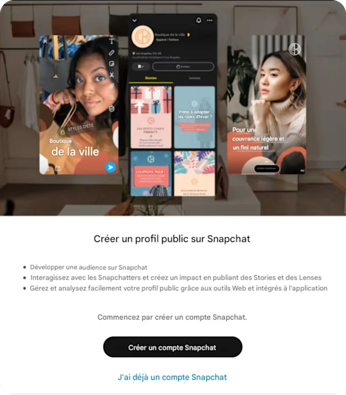 Visuel presentant un snapchat public profile d une marque avec exemples et option pour creer un nouveau compte.