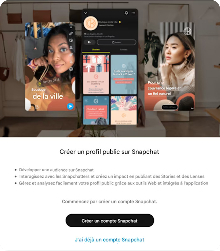 Visuel presentant un snapchat public profile d une marque avec exemples et option pour creer un nouveau compte.