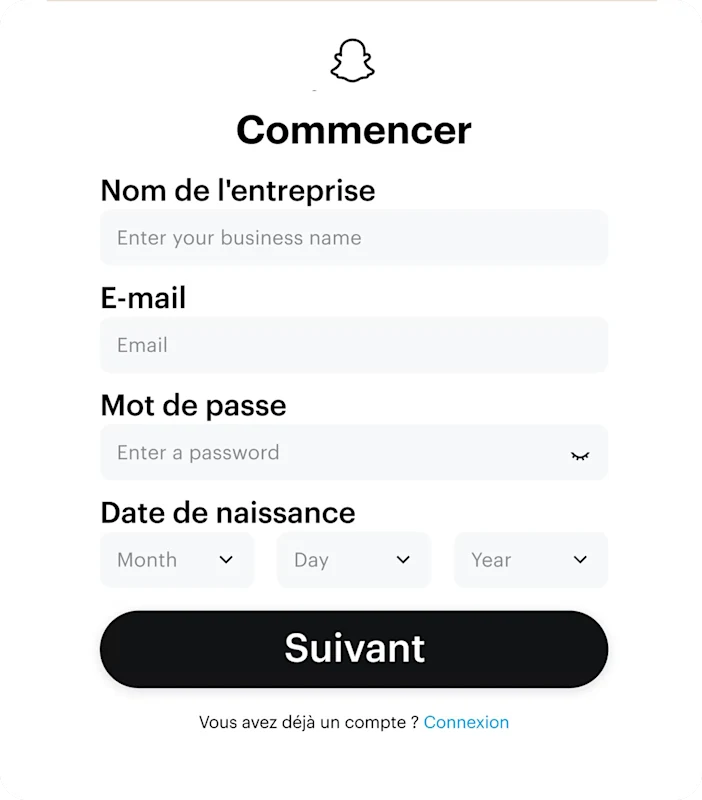 Ecran d inscription dans Ads Manager ou les entreprises saisissent leurs infos avant creer un snapchat public profile.